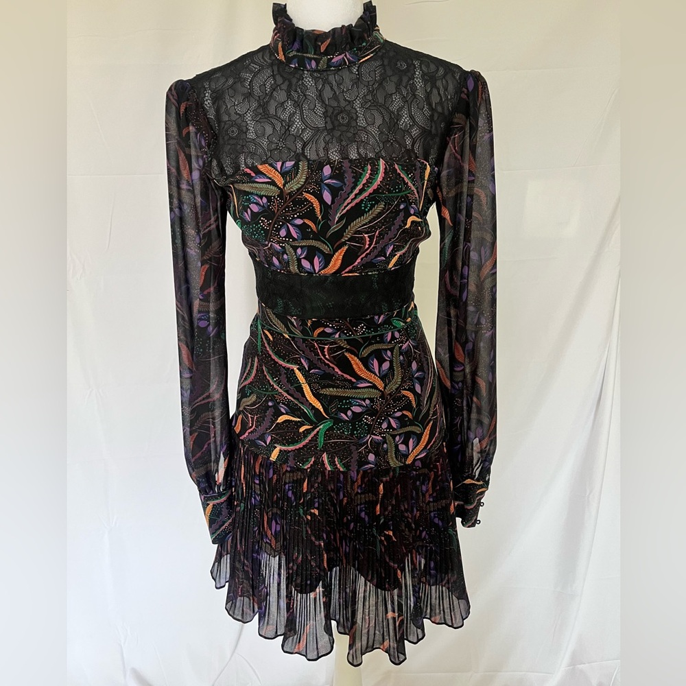 Saloni Leaf Print Silk Blend Dress with Lace Panels – Size 0